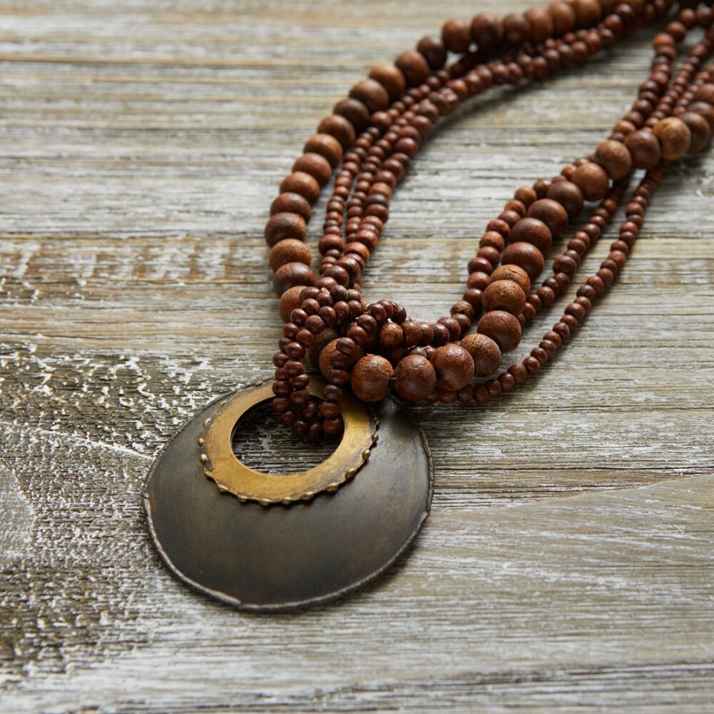 Chunky Brown Wood Beaded Multi Strand Necklace